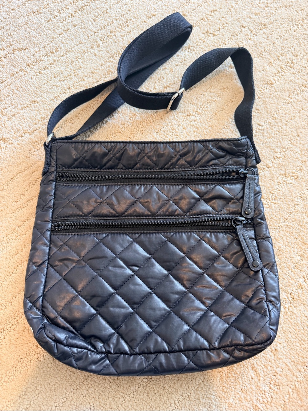 Black Quilted Crossbody Bag with Dual Zip Pockets